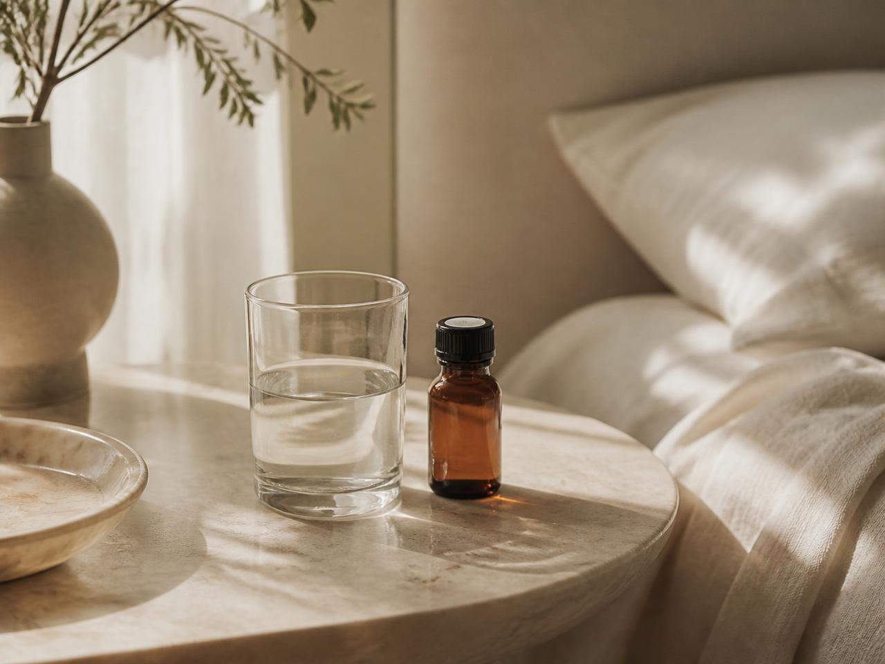 Glass of water and small amber medicine bottle on a soft cream marble bedside table.