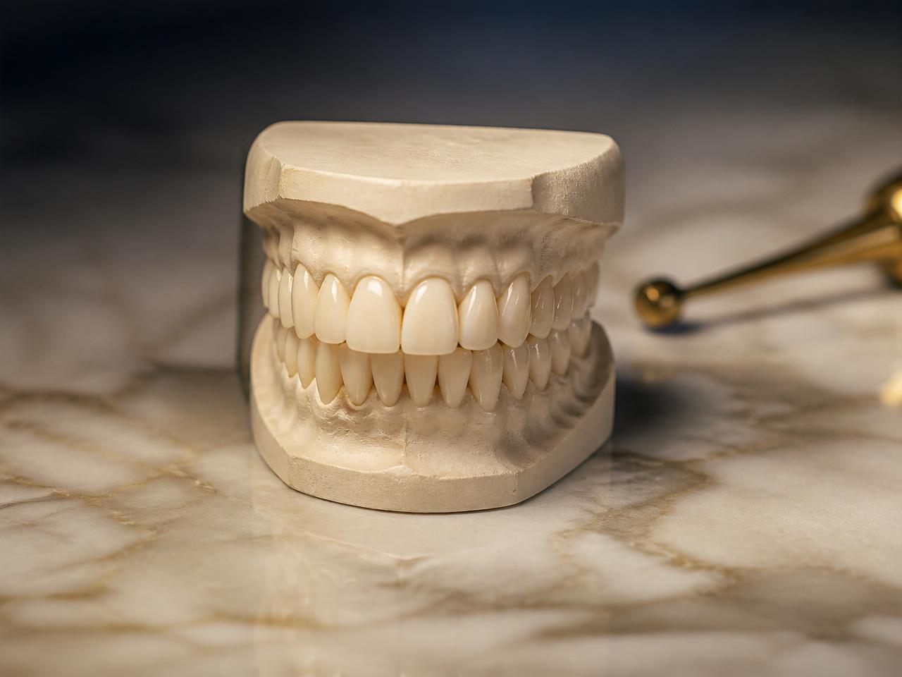 Elegant dental prosthesis on a polished cream marble surface.
