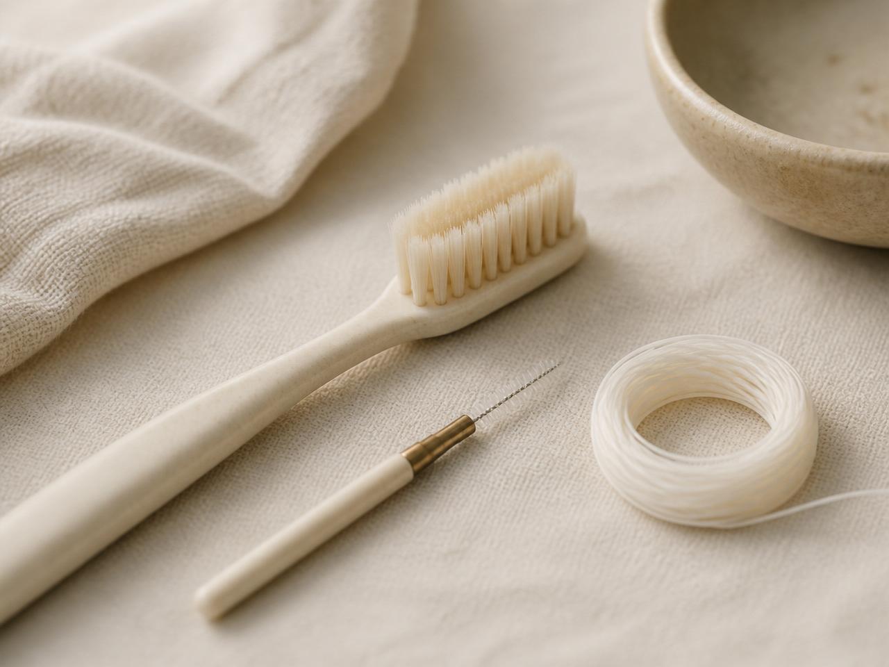 Toothbrush, interdental brush and dental floss arranged on ivory linen.