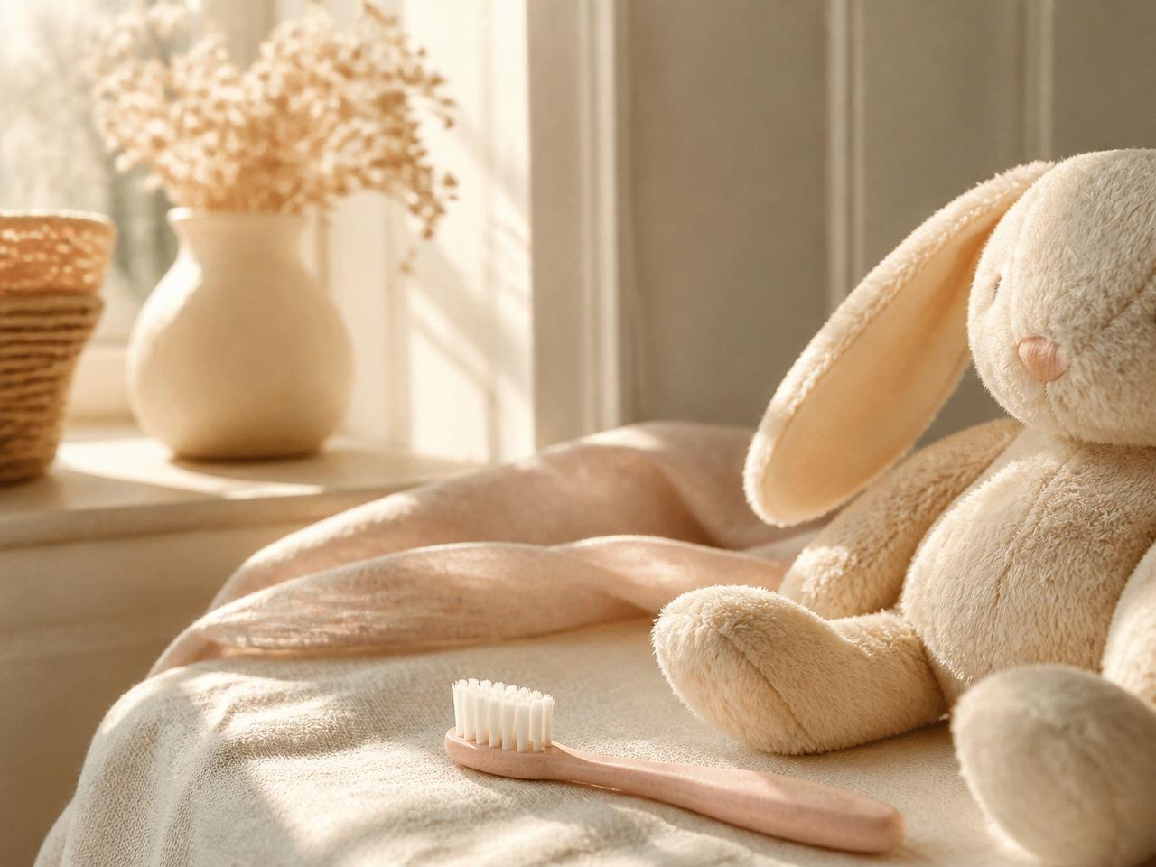 A child's soft-bristled toothbrush and plush bunny on ivory linen in warm sunlight.