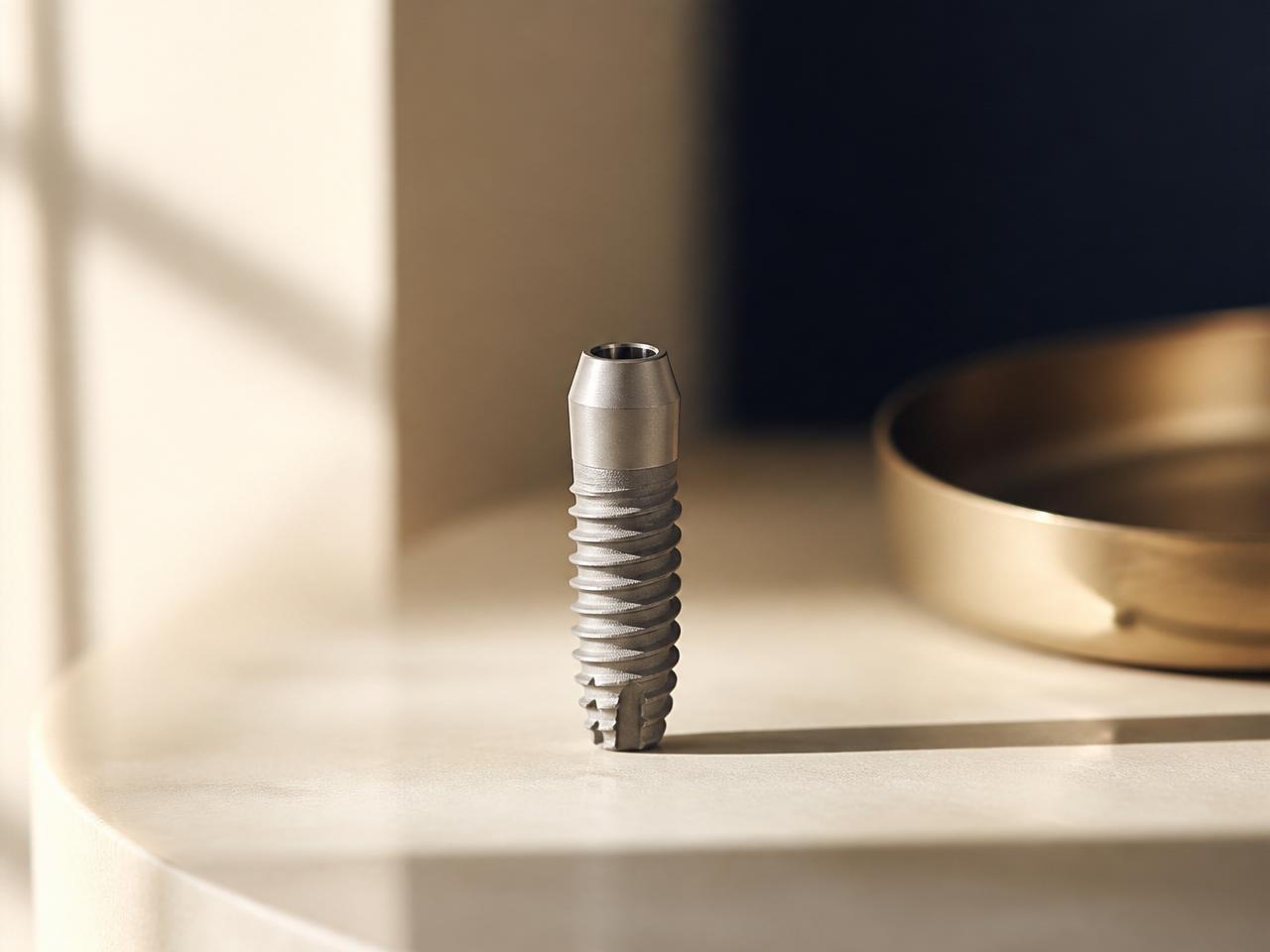 Close-up of a titanium dental implant fixture on a soft-lit clinical surface.