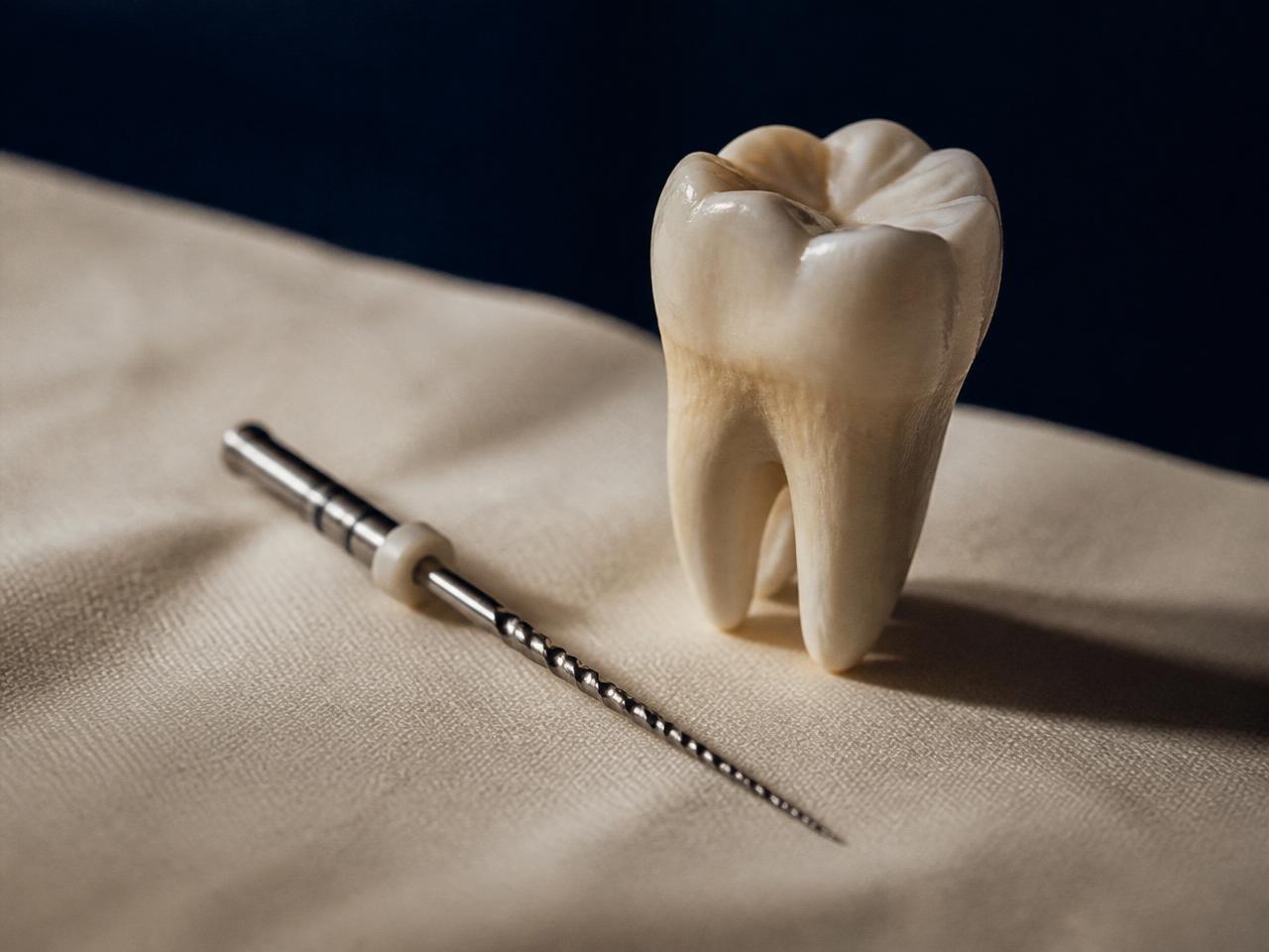 A slim endodontic file beside a realistic molar model, dramatic side lighting.