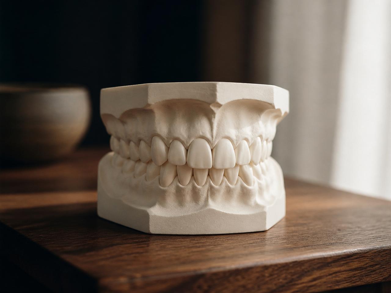 Full-arch dental study model on a warm walnut wooden surface.
