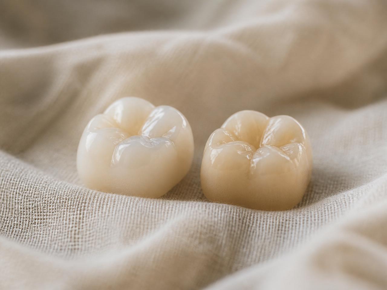 Two dental crowns, zirconia and ceramic, side by side on natural linen.
